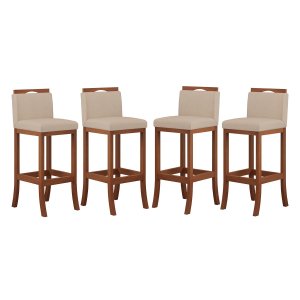 Kit 4 Banquetas Média Encosto Estofado 38x92 Cm Turim Madeira Maciça Pinhão Suede Bege CCS