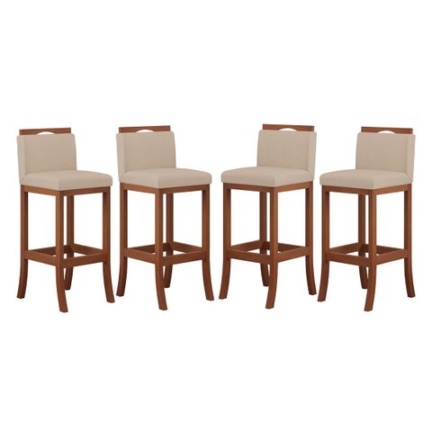 Kit 4 Banquetas Média Encosto Estofado 38x92 Cm Turim Madeira Maciça Pinhão Suede Bege CCS