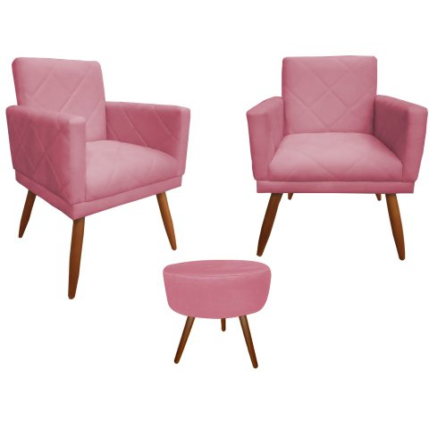 Kit 2 Poltronas Decorativa Nina Riscado + Puff Redondo Suede Rosa Pés Madeira Ms Decor