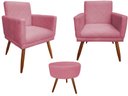 Ver imagem 1 de Kit 2 Poltronas Decorativa Nina Riscado + Puff Redondo Suede Rosa Pés Madeira Ms Decor