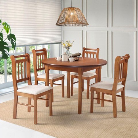 Conjunto Sala de Jantar Redonda Maciça 4 Cadeiras Mv Mel