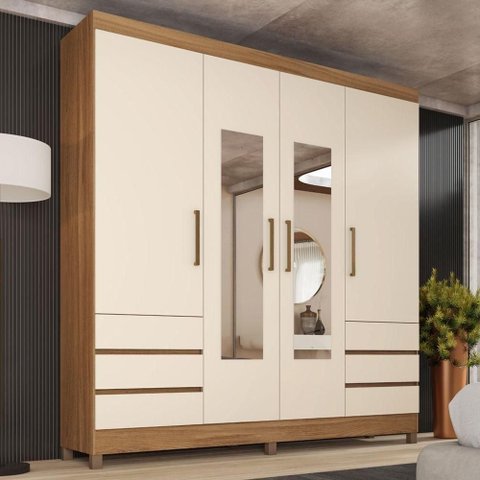 Guarda Roupa Casal Roma 4 Portas de Bater 6 Gavetas MDP com Espelho Amendola Touch-Off White