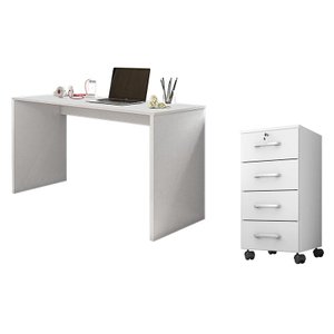 Mesa para Computador e Gaveteiro Gávea com Chave 4 Gavetas Branco Fosco - Móveis Leão