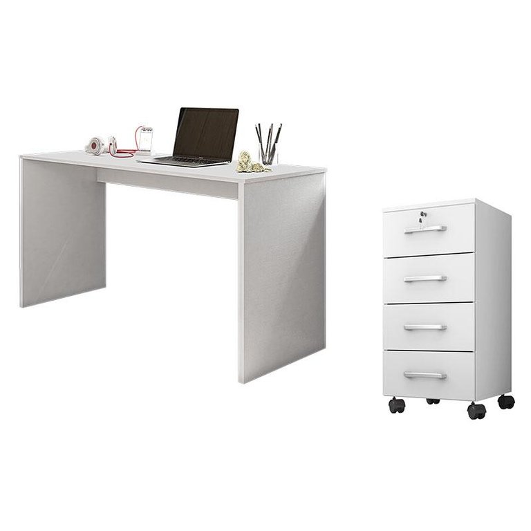 Mesa para Computador e Gaveteiro Gávea com Chave 4 Gavetas Branco Fosco - Móveis Leão Mesa para Computador e Gaveteiro Gávea com Chave 4 Gavetas Branco Fosco - Móveis Leão