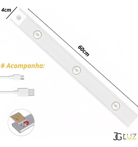 Luminária Led 3 Pontos Sobrepor 2w Sensor Recarregavel 60cm - 5