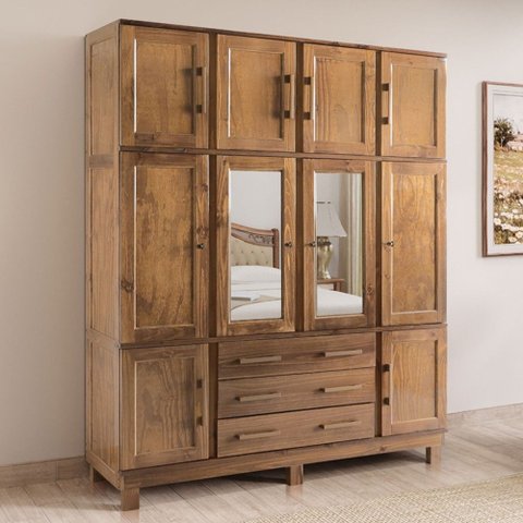 Guarda-Roupa Casal Paris 10 Portas 3 Gavetas com Espelho Madeira Maciça Castanho 1331 - Lanes