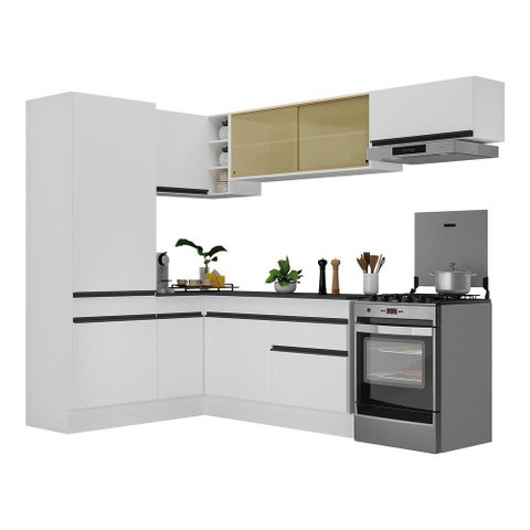 Armário de Cozinha Completa de Canto com Rodapé Veneza Multimóveis V2086 Branco/Preto