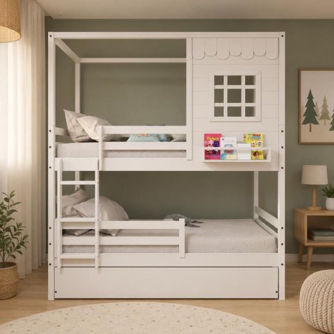 Treliche Infantil Casinha Reta com Grade Removível Madeira Maciça Branco Megamobilia