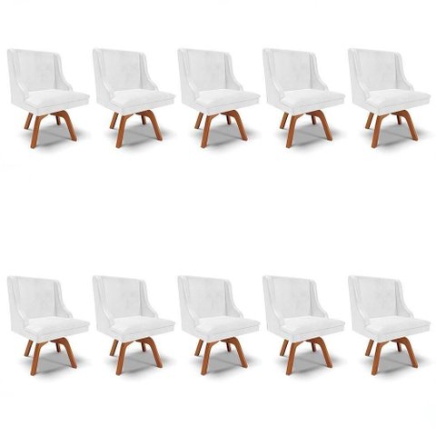 Kit 10 Cadeiras Estofadas Base Giratória de Madeira Lia Sintético Premium Branco - Ibiza