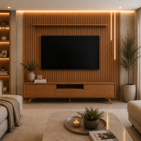 Painel Ripado Completo com Rack Ayrah - Belaris Móveis:Naturalle