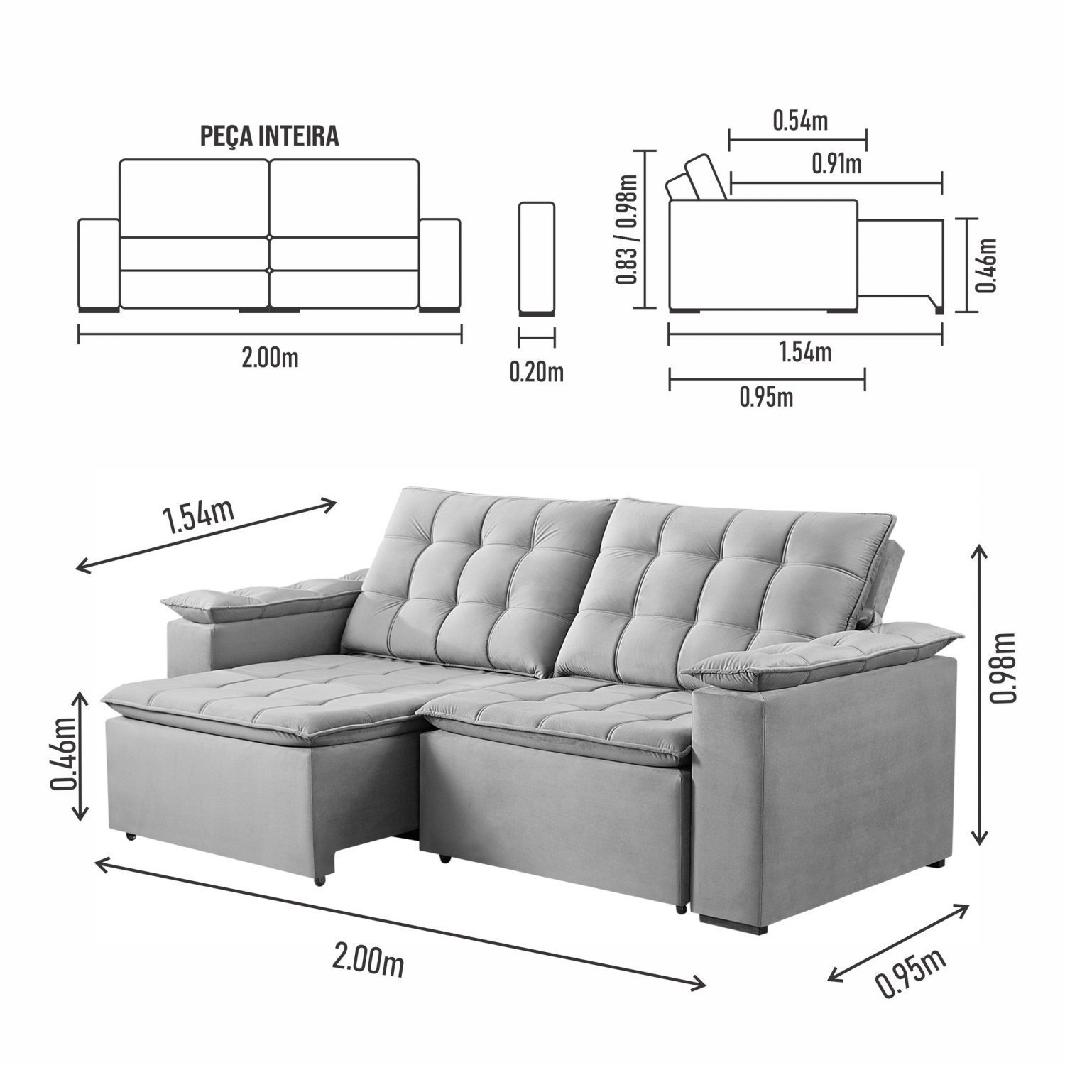 Sofá Retrátil e Reclinável 3 Lugares 200cm Palermo Estofados Ferrari em Suede / Eucalipto Branco