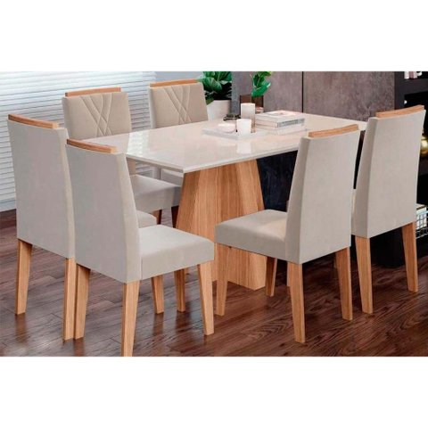 Conjunto: Mesa de Cozinha Maitê Tampo Madeirado C/ Vidro Canto Curvo 160x80cm e 6 Cadeiras Nicole