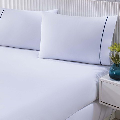 Jogo de Cama 100% Algodão Percal 150 Fios Solteiro Gran Moratta 2 Peças Branco e Detalhe Azul