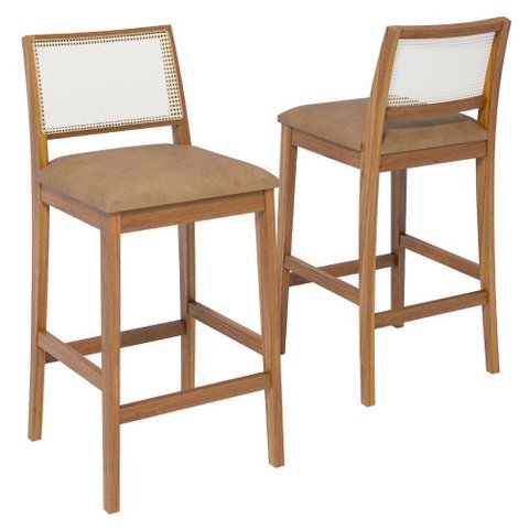 Kit 2 Banquetas Alta com Encosto Marcela Madeira Maciça Tauari Corino Kaki Natuem