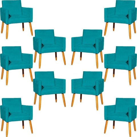 Kit 10 Poltronas Decorativa para Sala Nina Pé Palito 30cm Castanho Azul-turquesa Suede