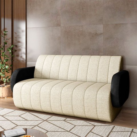 Sofá Decorativo Living Sala de Estar Bornéu 168cm Pés de Madeira Pu/linho Preto/off White G33 - Gran