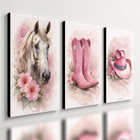 Kit 3 Quadro Decorativo Cavalo Cowboy Menina Rosa Moderno Qualidade Premium 40x28cm