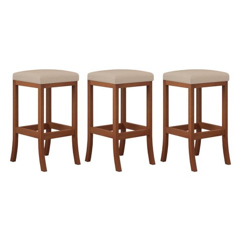 Kit 3 Banquetas Média Estofada Barcelona 38x64cm Bancada Madeira Maciça Castanho Suede Bege - CCS