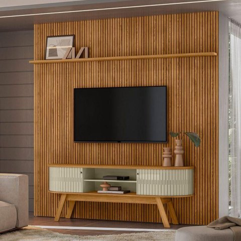 Conjunto Painel e Rack Home Davi para TV Cumaru Opala para TV 75 Polegadas Casah