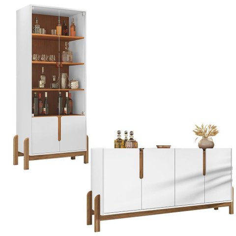 Aparador Buffet 170 com Cristaleira Lizz Pés Madeira Maciça Branco/cedro