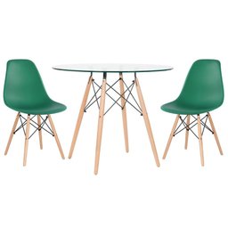 KIT - Mesa Eames com tampo de vidro 90 cm + 2 cadeiras Eiffel DSW Verde escuro - 1