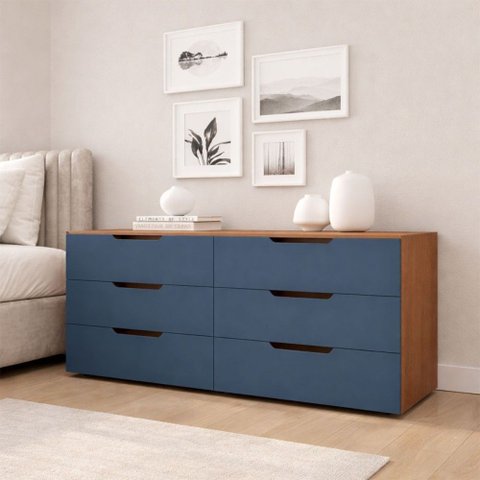 Cômoda Madri 6 Gavetas Azul/Freijó - Politorno