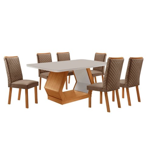 Mesa de Jantar Alvorada 180cm Tampo Mdf Vidro Canto Copo com 6 Cadeiras Lira