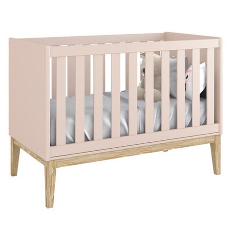 Berço Mini Cama Classic Rosa Fosco com Pés Madeira Natural - Reller Móveis