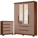 Ver imagem 1 de Guarda Roupa Solteiro Doble 04 Portas com Espelho e Cômoda Sapateira Olimpia Nogueira Capuccino - m