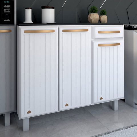 Armário de Cozinha em Aço Steel com Tampo 3 Portas 1 Gaveta Branco - Panorama Móveis