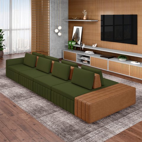 Sofá Ilha com Encosto e Almofadas Móveis Olimpo 505cm Modulado Linho/pu Verde/caramelo G45 - Gran Be