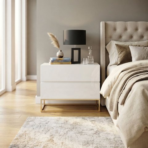 Kit Mesas de Cabeceira Moderna Eros 60cm MDF 2 Gavetas Espaçosas Estilo Industrial Pé Metal Dourado