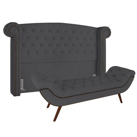 Cabeceira Cama Box Casal King 195cm Provença com Calçadeira Vêneto P02 Veludo Chumbo - Mpozenato