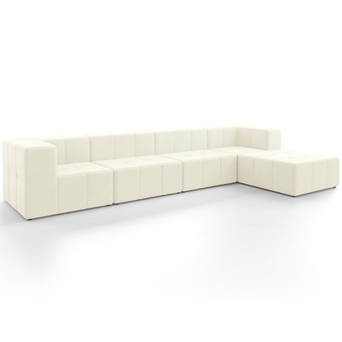 Sofá 4 Lugares para Sala Living Modular com Puff 352cm Lancaster F04 Veludo Bege - Lyam Decor