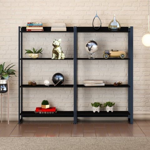 Kit 2 Estantes para Livros Médias Industrial Aço 4 Prateleiras 146CMX80CM Active Yescasa Preto/Ônix