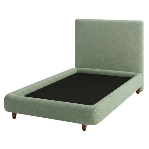 Cama Solteiro Pés Madeira Nami com Cabeceira Parise Bouclé Verde Claro - Nexta Casa