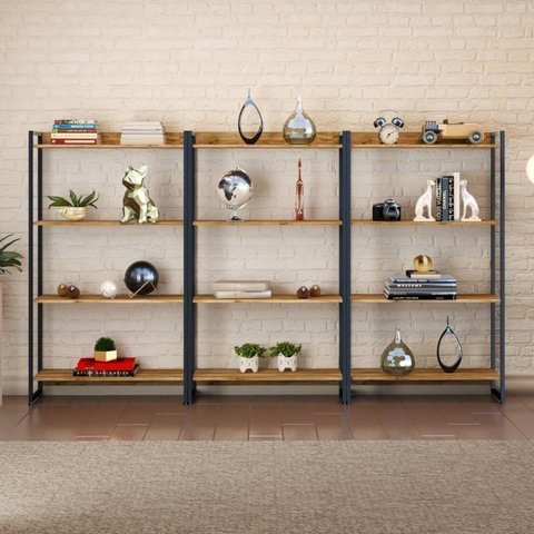 Kit 3 Estantes para Livros Industrial Aço 4 Prateleiras 146CMX240CM Active Yescasa Marrom/Carvalho