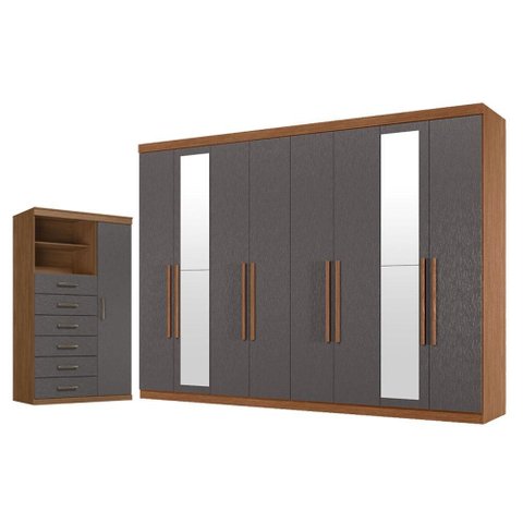 Guarda Roupa Casal 8 Portas 4 Gavetas Master New com Espelho e Cômoda Marabá Jatobá Grafite
