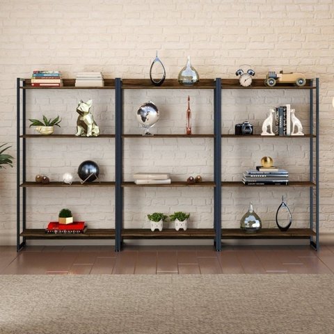 Kit 3 Estantes para Livros Industrial Aço 4 Prateleiras 146CMX240CM Active Yescasa Marrom/Carvalho Dark