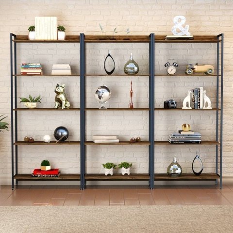 Kit 3 Estantes para Livros Industrial Aço 5 Prateleiras 187CMX240CM Active Yescasa Marrom/Carvalho Dark