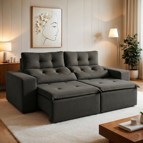 Sofá Retrátil e Reclinável 3 Lugares Suede Libra 194cm Cinza