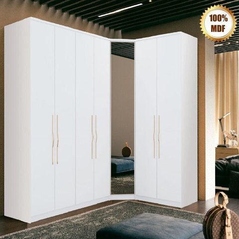 Guarda Roupa Modulado de Canto 7 Portas com Espelho 3 Peças Decor Branco
