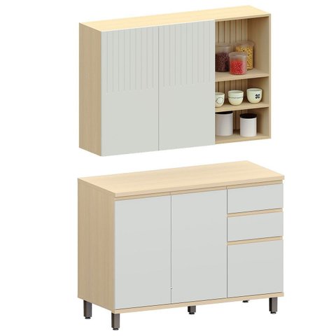 Kit Armário Aéreo com Nicho e Balcão de Cozinha 120 Cm Aurora Cinza Cristal Pet/cinza Cristal
