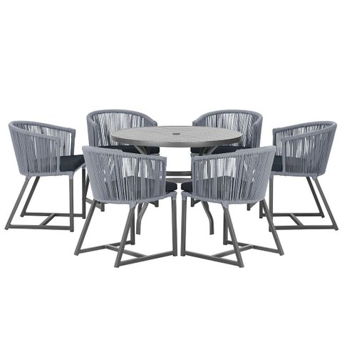 Mesa com 6 Cadeiras de Jantar Roma 120cm e Noronha em Alumínio Preto Corda Náutica Estofado 12 Trama