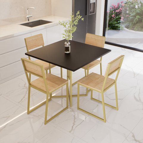 Conjunto Mesa de Jantar Quadrada Preta 4 Cadeiras Pinus Riviera Industrial Dourado Don Castro Decor 