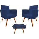 Ver imagem 1 de Kit 2 Poltronas Decorativa Nina + Puff Retangular Suede Azul Marinho Pés Madeira Mz Decor