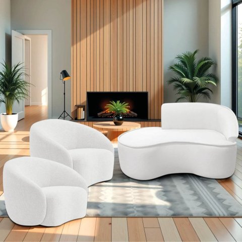 Kit Divã Recamier Orgânico Marrocos 150cm Lado Esquerdo e 2 Poltronas Amore Bouclé Branco