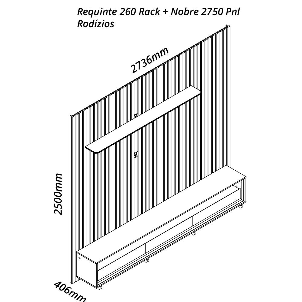 Painel e Rack Led Rodízios Nobre 275 Requinte 260 Naturale Off White - Gelius - 3