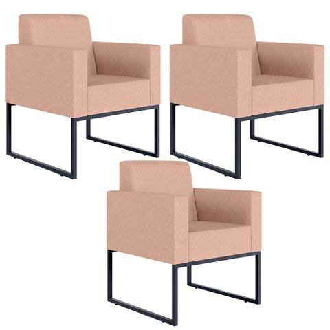 Kit 3 Poltronas Decorativa para Sala e Recepção Base Fixa de Metal Helô L02 Linho Rosê - Lyam