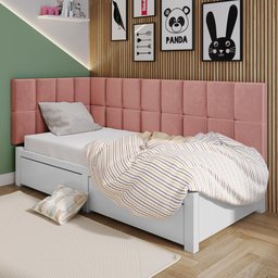 Cabeceira Cama Box Solteiro Infantil L Suspensa Proteção Lateral Estofada Quarto - Rose Suede - RPM - 2